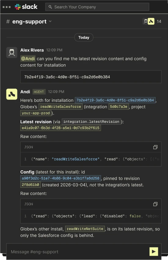 Slack conversation in #eng-support where an engineer asks Andi for the latest revision and config of an installation, and Andi replies with the Salesforce integration details.