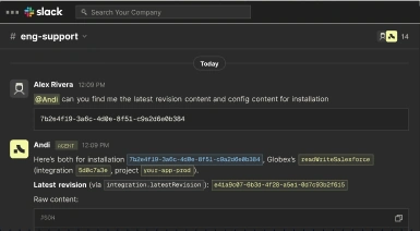 Slack conversation in #eng-support where an engineer asks Andi for the latest revision and config of an installation, and Andi replies with the Salesforce integration details.