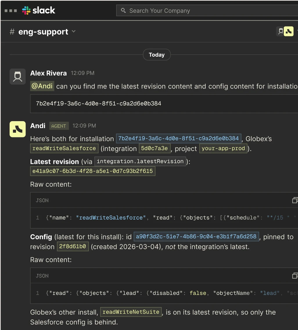 Slack conversation in #eng-support where an engineer asks Andi for the latest revision and config of an installation, and Andi replies with the Salesforce integration details.